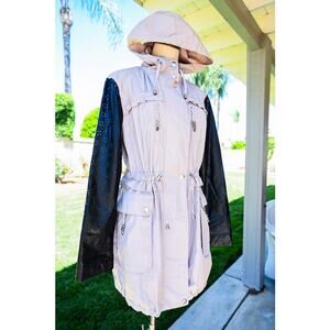 Women's Betsey Johnson Rain Jacket Ruffled Trench Coat Beige Large